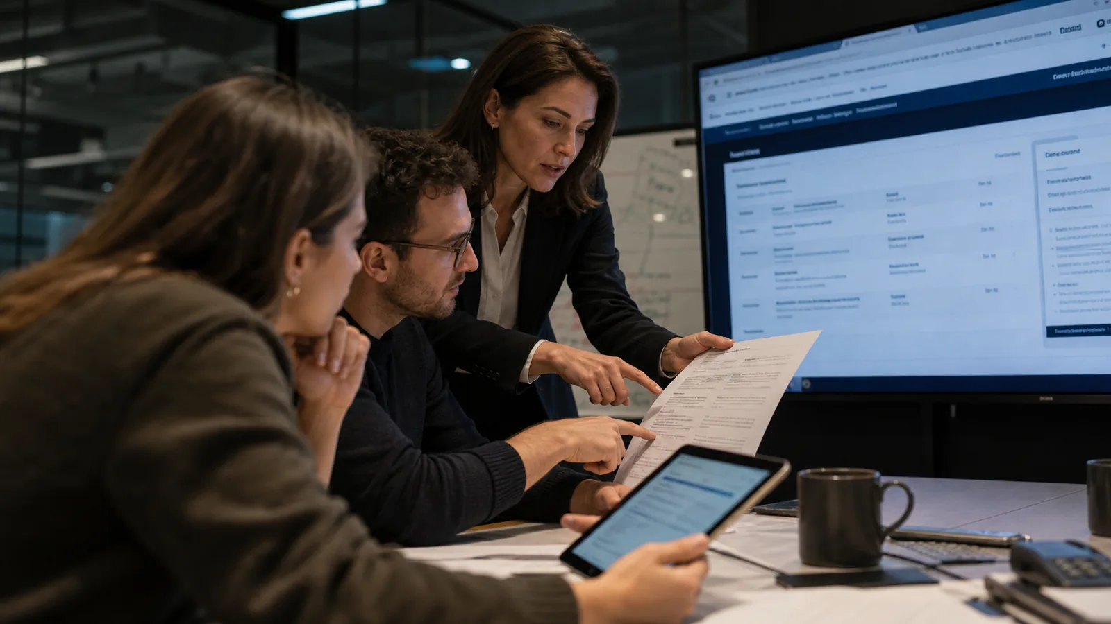 Compliance team cross-checking a broker agreement, official register and payment recipient