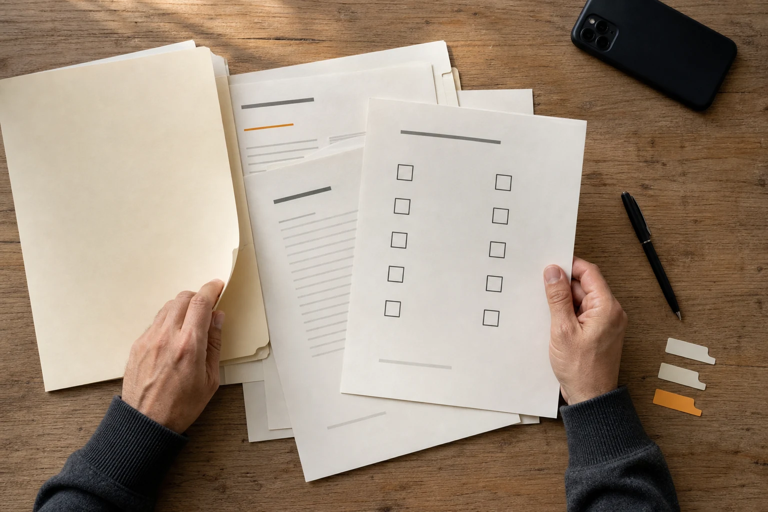 Professional Forex Accounts: Which Protections Could You Lose? Two hands organize an evidence packet beside a ten-item checklist before accepting professional-client status.