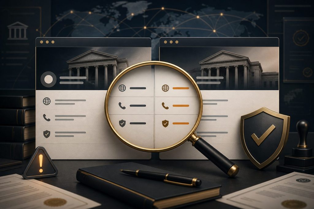 How to Spot a Clone Forex Broker: 9 Checks Before You Deposit Magnifying glass comparing genuine and clone forex broker contact details