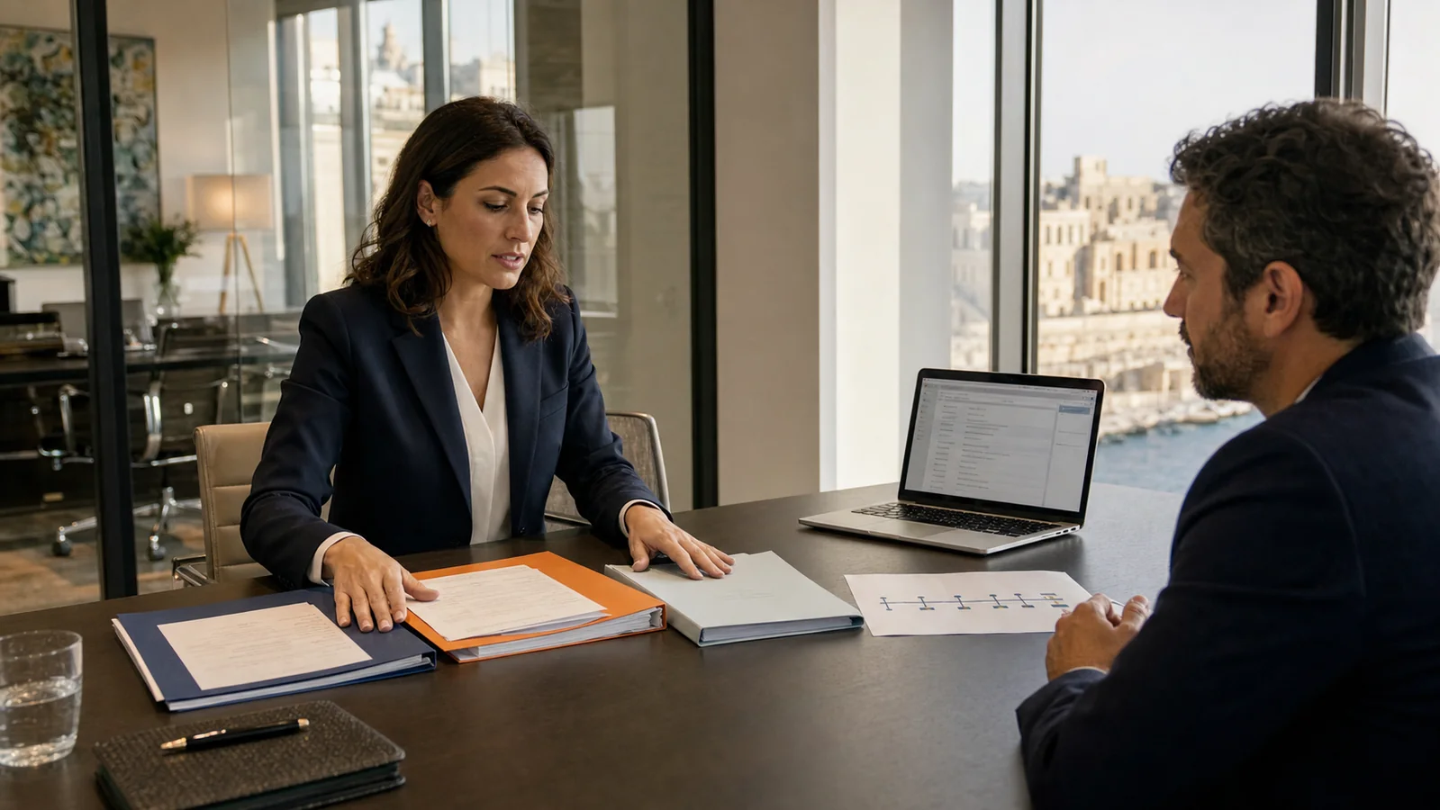 A compliance lawyer reviews organized evidence and an account timeline with a financial services client
