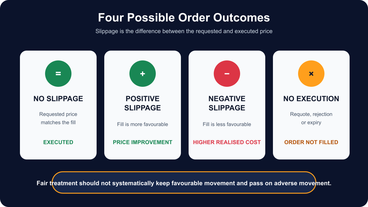 What Happens After You Click Buy? Forex Broker Execution Explained Diagram comparing no slippage positive slippage negative slippage and orders that are not executed