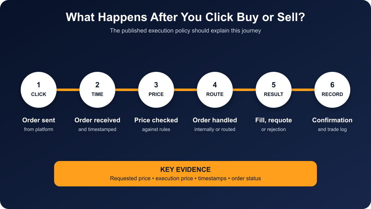 What Happens After You Click Buy? Forex Broker Execution Explained Six-step diagram showing how a forex order travels from the trading platform to its execution result