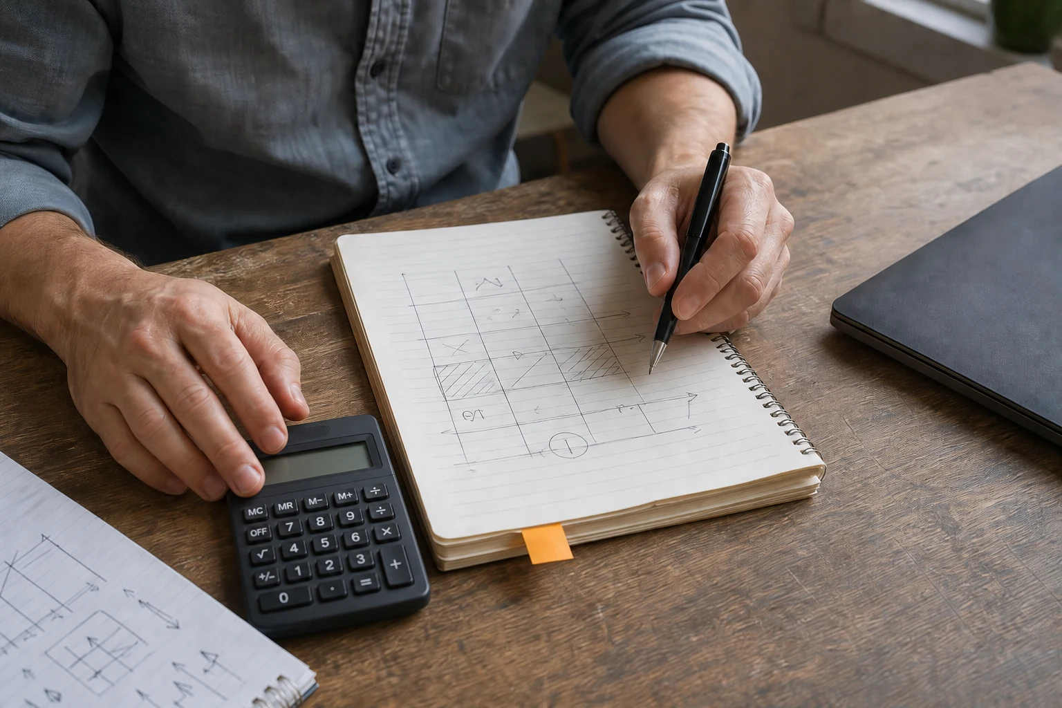 Professional Forex Accounts: Which Protections Could You Lose? A person calculates risk limits with a calculator and a paper risk grid before accepting higher leverage.