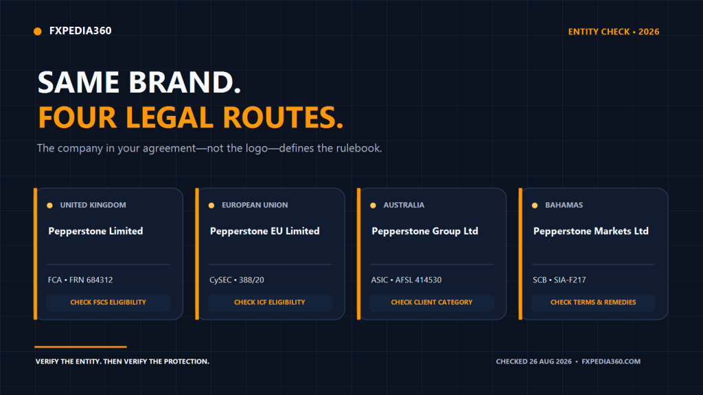Pepperstone Legal Entities Compared: UK, EU, Australia and Bahamas (2026) FXPEDIA360 infographic comparing Pepperstone legal entities in the UK, EU, Australia and the Bahamas