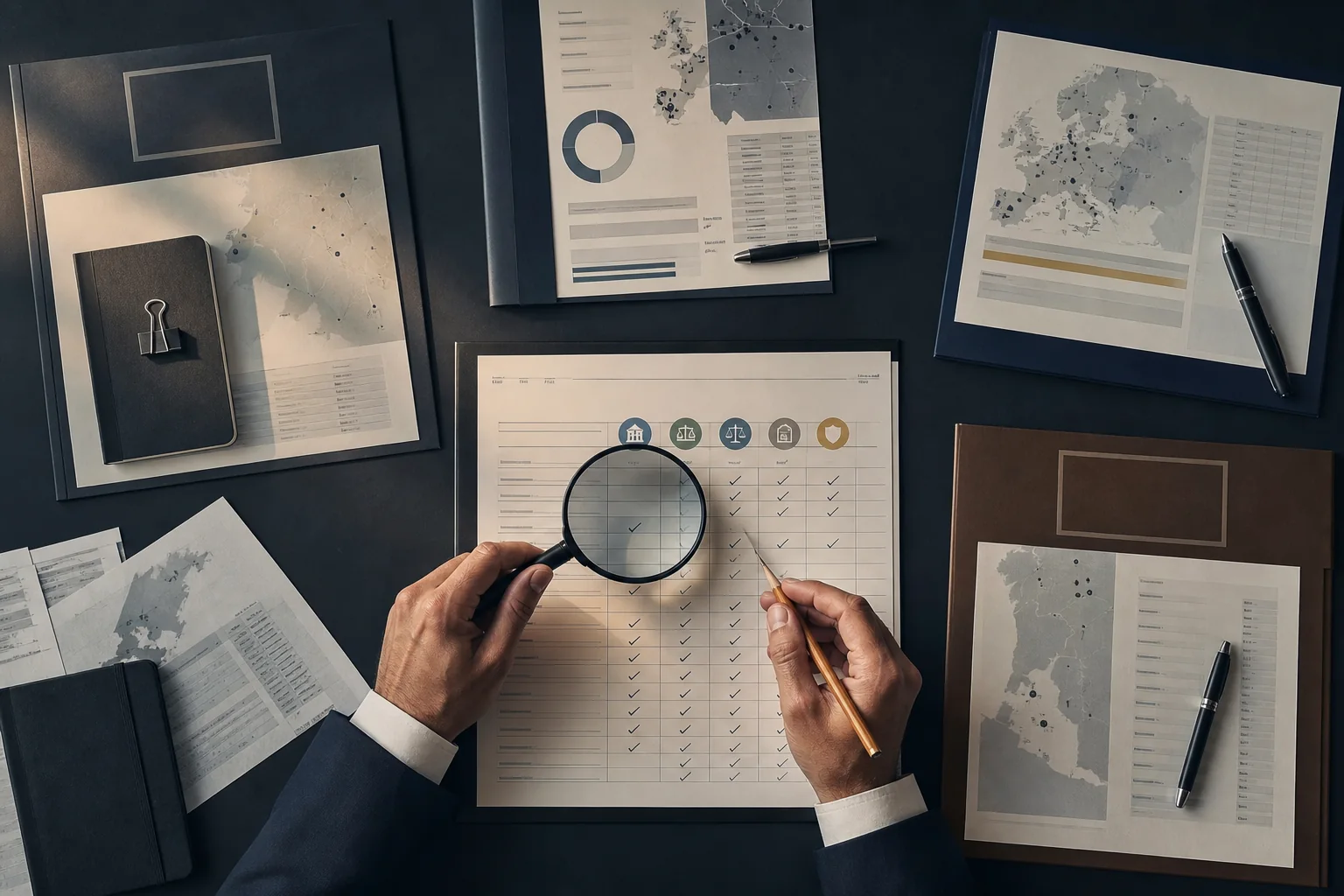 Hands matching an abstract broker comparison worksheet to regional records