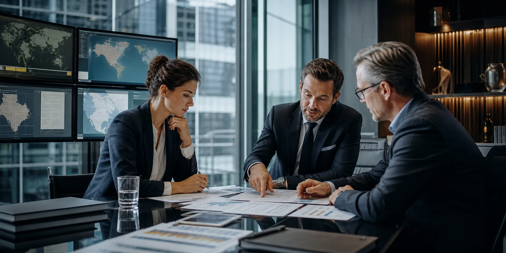 Compliance professionals comparing regional broker entity records at a desk
