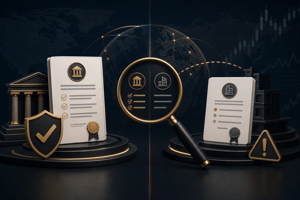 Regulated and offshore forex broker entities compared through licensing documents and protection checks