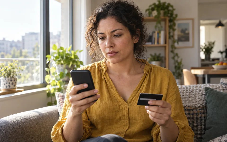 Woman pausing with a phone and payment card before making a payment