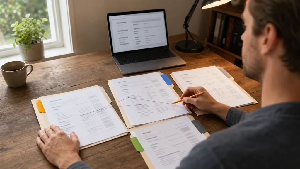 Researcher comparing four broker legal-document routes before choosing an account