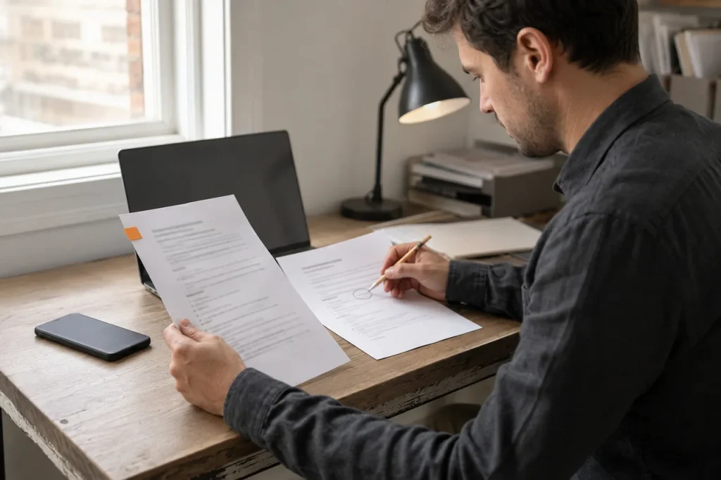 Researcher comparing a broker agreement with a separate company-record request