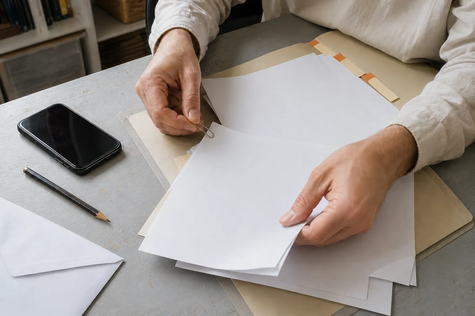 Hands organising paper records into a tabbed folder before submitting a complaint