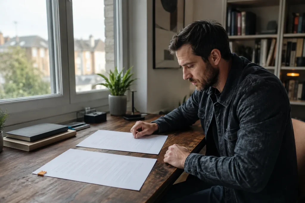 Reader comparing two documents before choosing a broker account