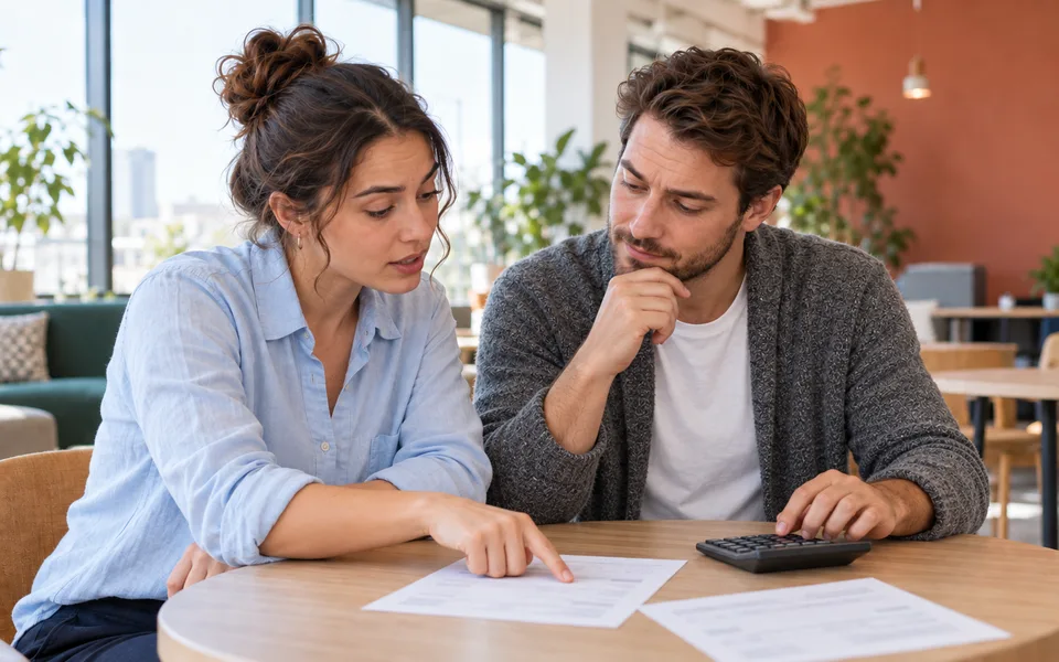 Two people checking printed charges together with a calculator