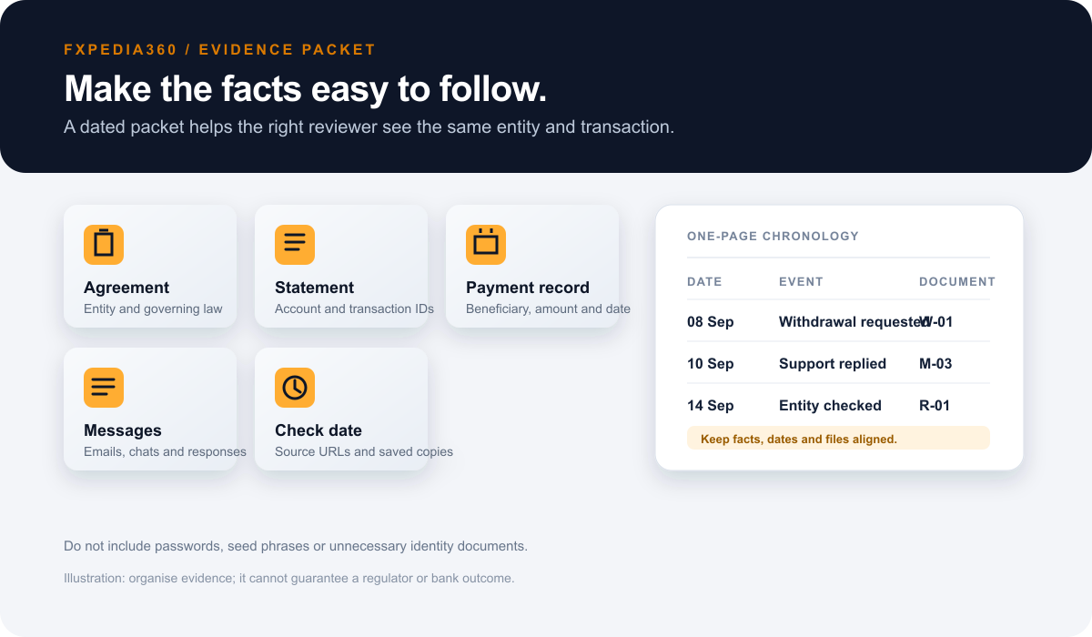 How to File a Forex Broker Complaint in the US (2026) Evidence packet checklist showing agreement, account statement, payment record, message timeline and check date