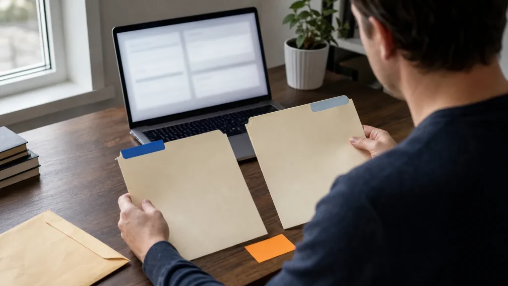 Researcher comparing country-based XTB account route documents before opening an account