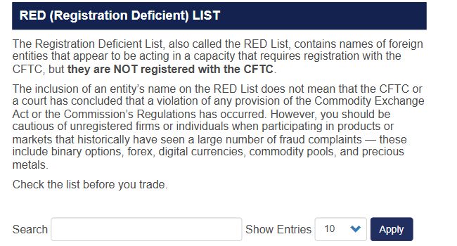 Offshore forex brokers and US residents: five checks before you deposit CFTC RED List heading and explanation, captured on 3 October 2026; no individual firm result is shown.