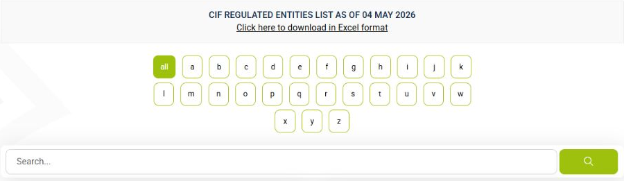 The official CySEC Cyprus investment-firm list with alphabetical filters and a blank search field; its spreadsheet notice is dated 4 May 2026.