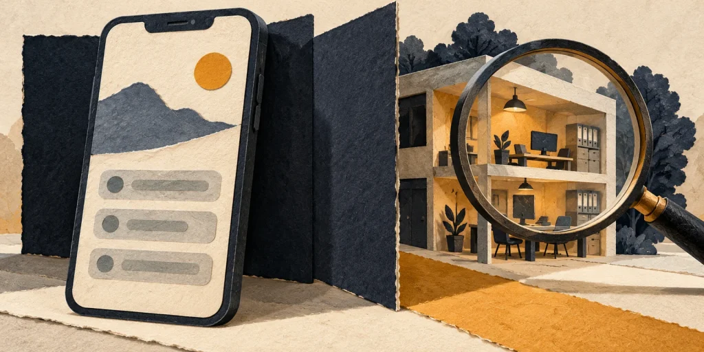 A paper phone stands in front of a screen, while a magnifying glass reveals the separate company behind it.