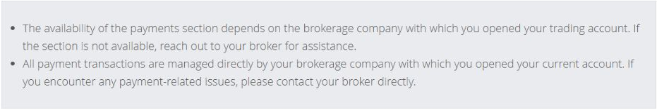 The official MetaTrader 5 help page explains that payment availability depends on the broker and that the brokerage company manages payment transactions.