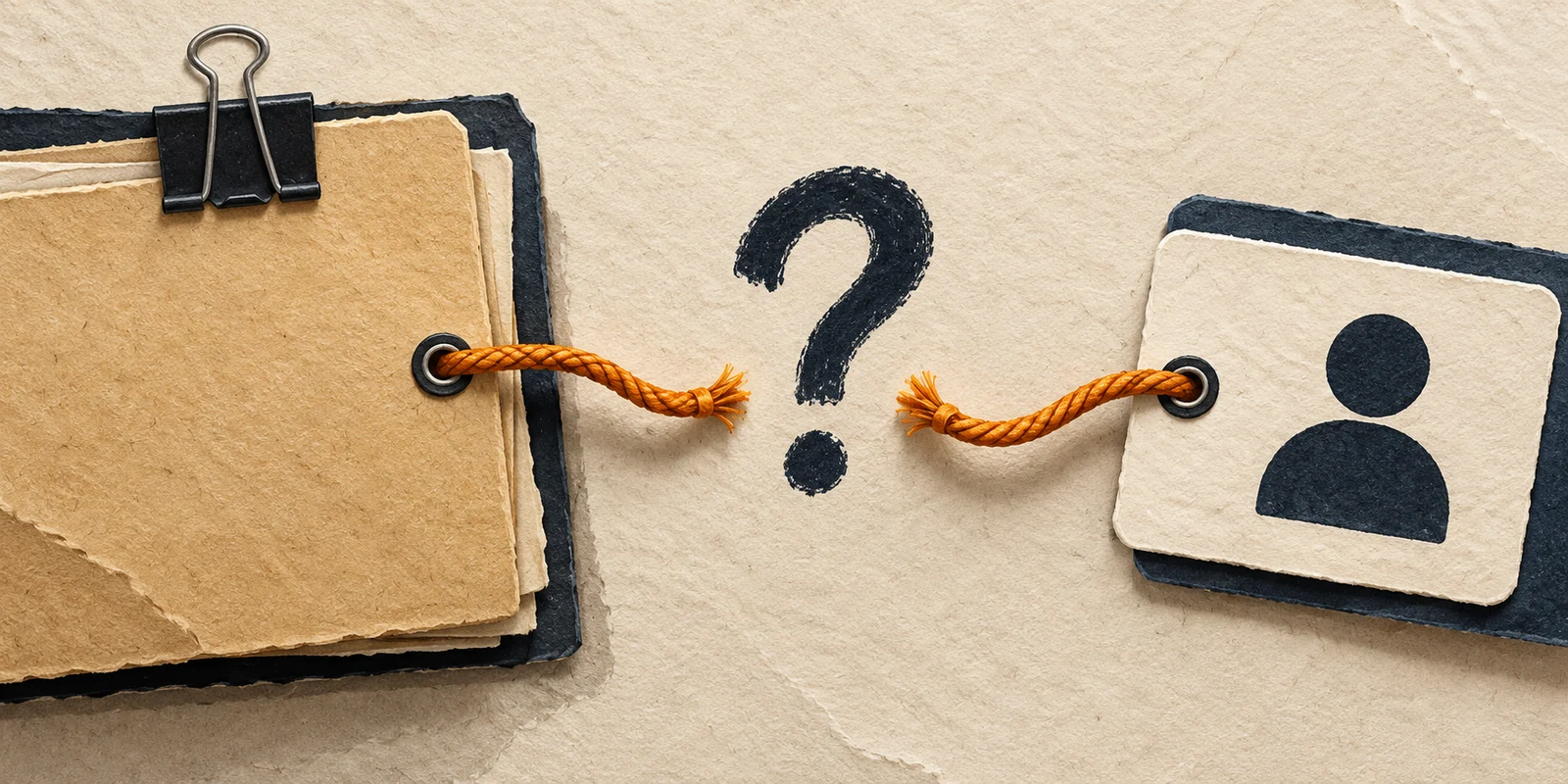A company folder and recipient card have unconnected orange cords, with a question mark between them.