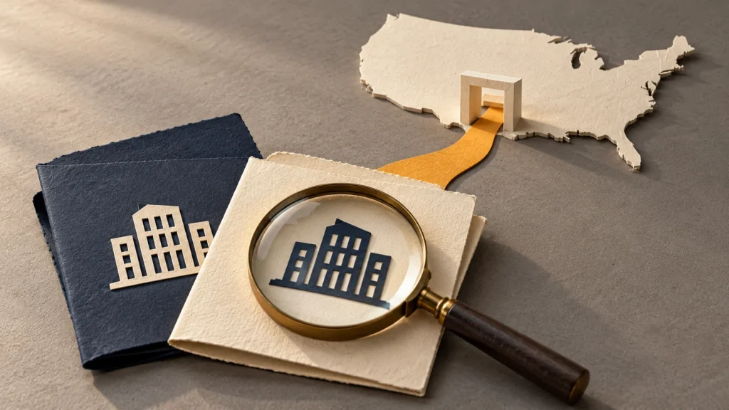 Offshore forex brokers and US residents: five checks before you deposit Paper illustration of company documents under a magnifying glass, with an orange route toward a United States silhouette.